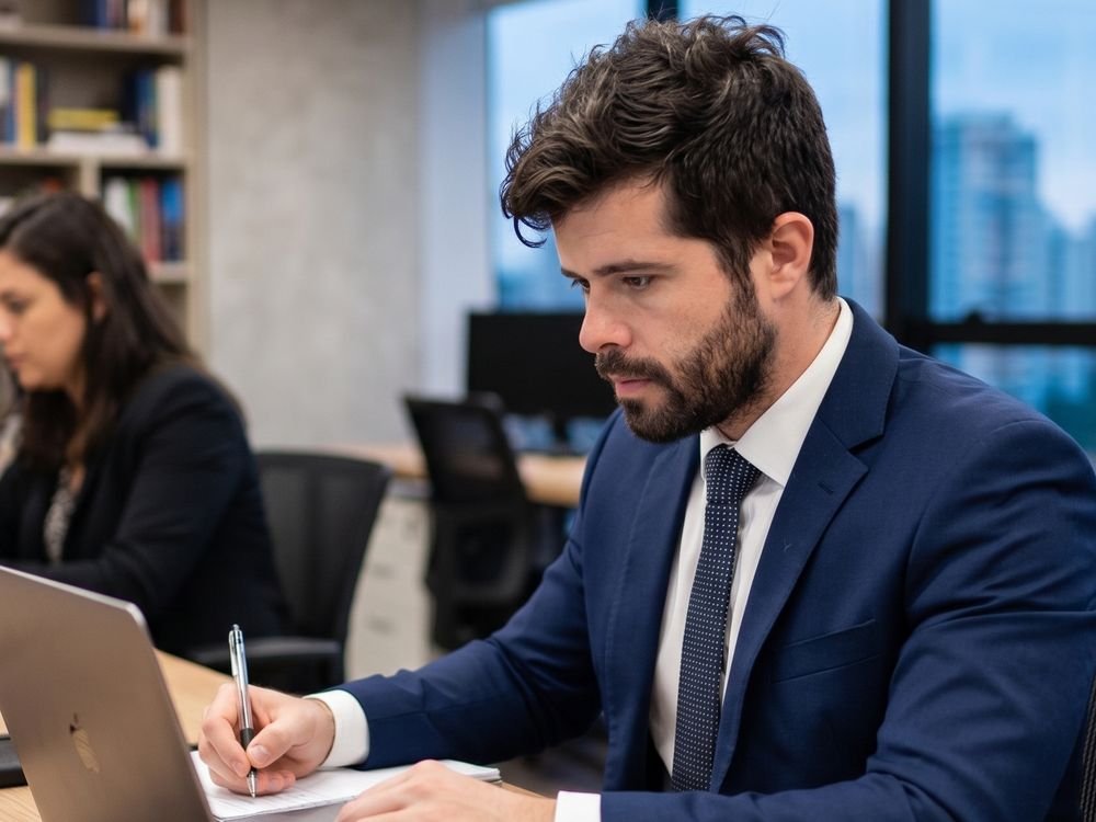 Glauco de terno, trabalhando no notebook e anotando num caderno, num escritório com janelas para a cidade.