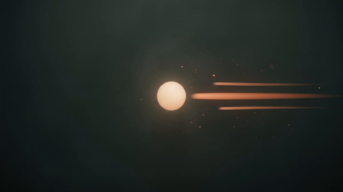 Uma esfera de luz parada, com três rastros de luz atrás dela, como o símbolo da Raio.